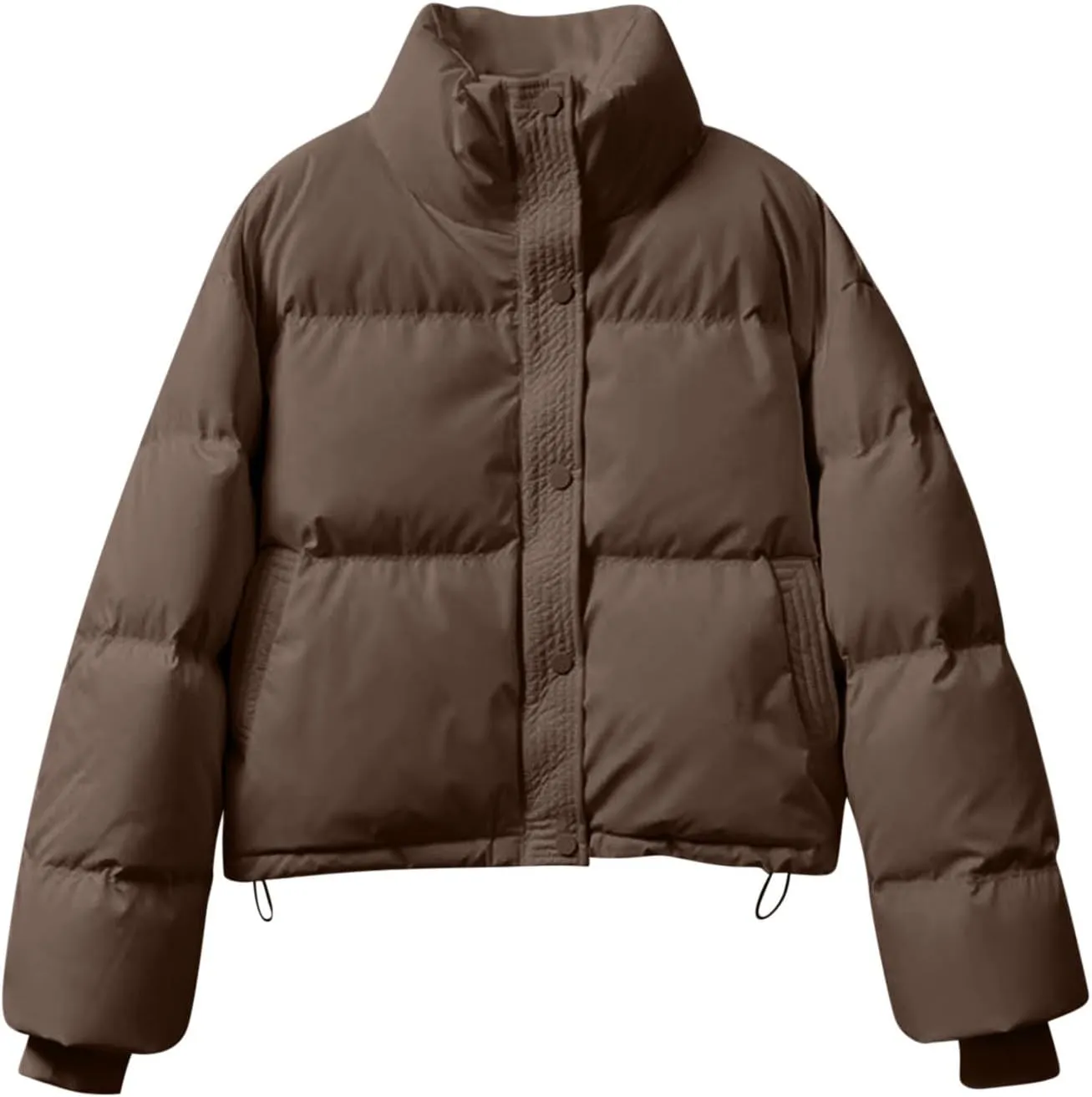 Women's Winter Jackets Long Sleeve Zip Puffer Jacket Solid Color Stand Collar Baggy Short Down Coats with Pockets