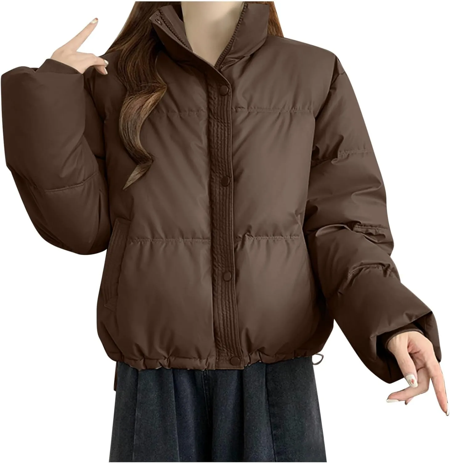 Women's Winter Jackets Long Sleeve Zip Puffer Jacket Solid Color Stand Collar Baggy Short Down Coats with Pockets