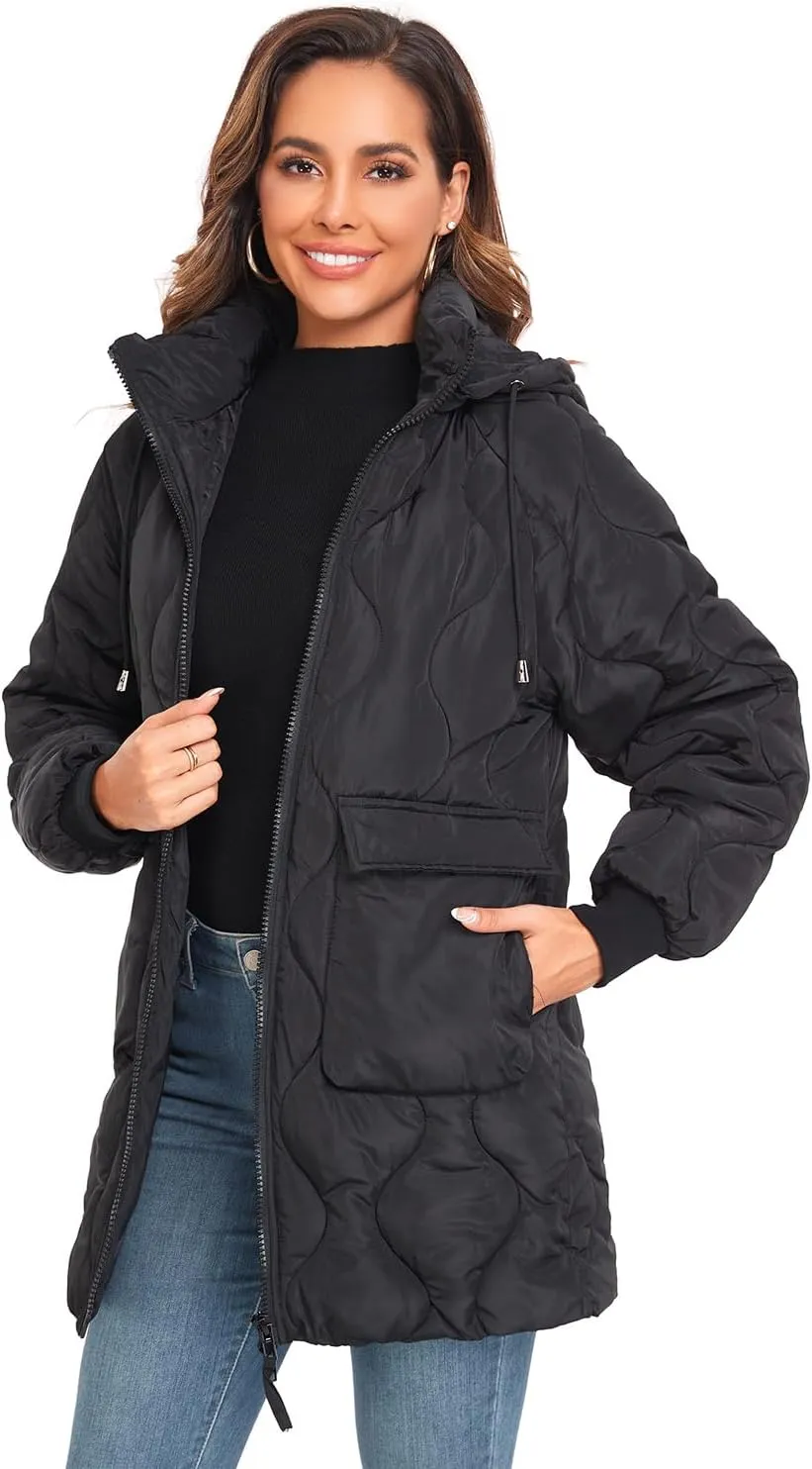 Women's Winter Thicken Puffer Coat Casual Quilted Jackets Warm Padded Down Alternative Hood Winter Outerwear 2025