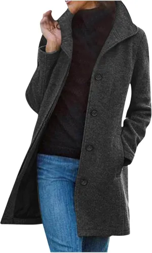 Womens Winter Wool Blend Coats Dressy Pea Coats Classic Lapel Wool Single Breasted Long Coat Dress Trench Coats