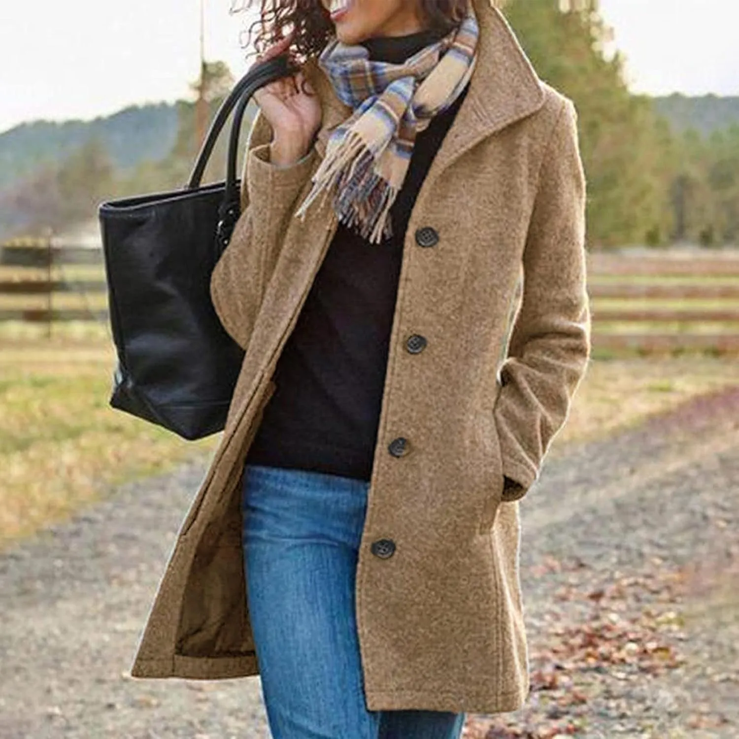 Womens Winter Wool Blend Coats Dressy Pea Coats Classic Lapel Wool Single Breasted Long Coat Dress Trench Coats