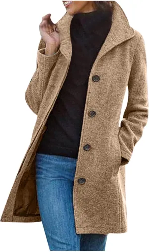 Womens Winter Wool Blend Coats Dressy Pea Coats Classic Lapel Wool Single Breasted Long Coat Dress Trench Coats