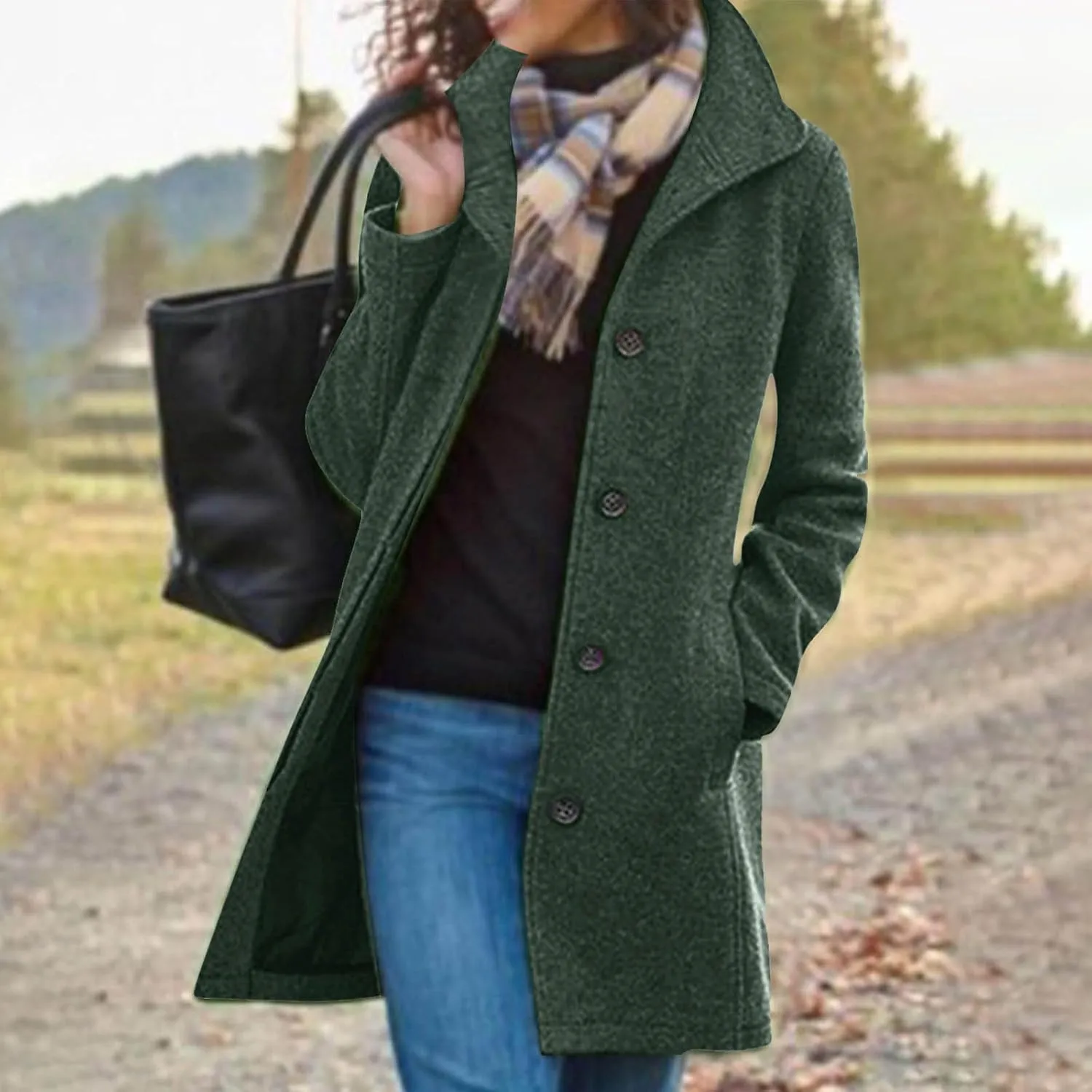 Womens Winter Wool Blend Coats Dressy Pea Coats Classic Lapel Wool Single Breasted Long Coat Dress Trench Coats