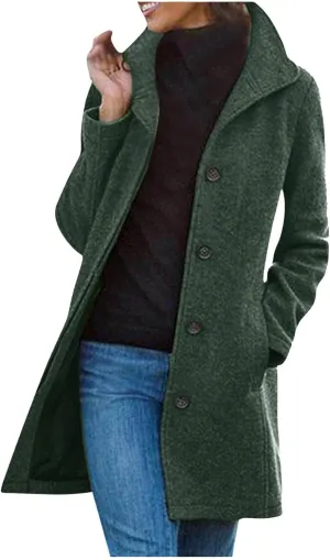 Womens Winter Wool Blend Coats Dressy Pea Coats Classic Lapel Wool Single Breasted Long Coat Dress Trench Coats