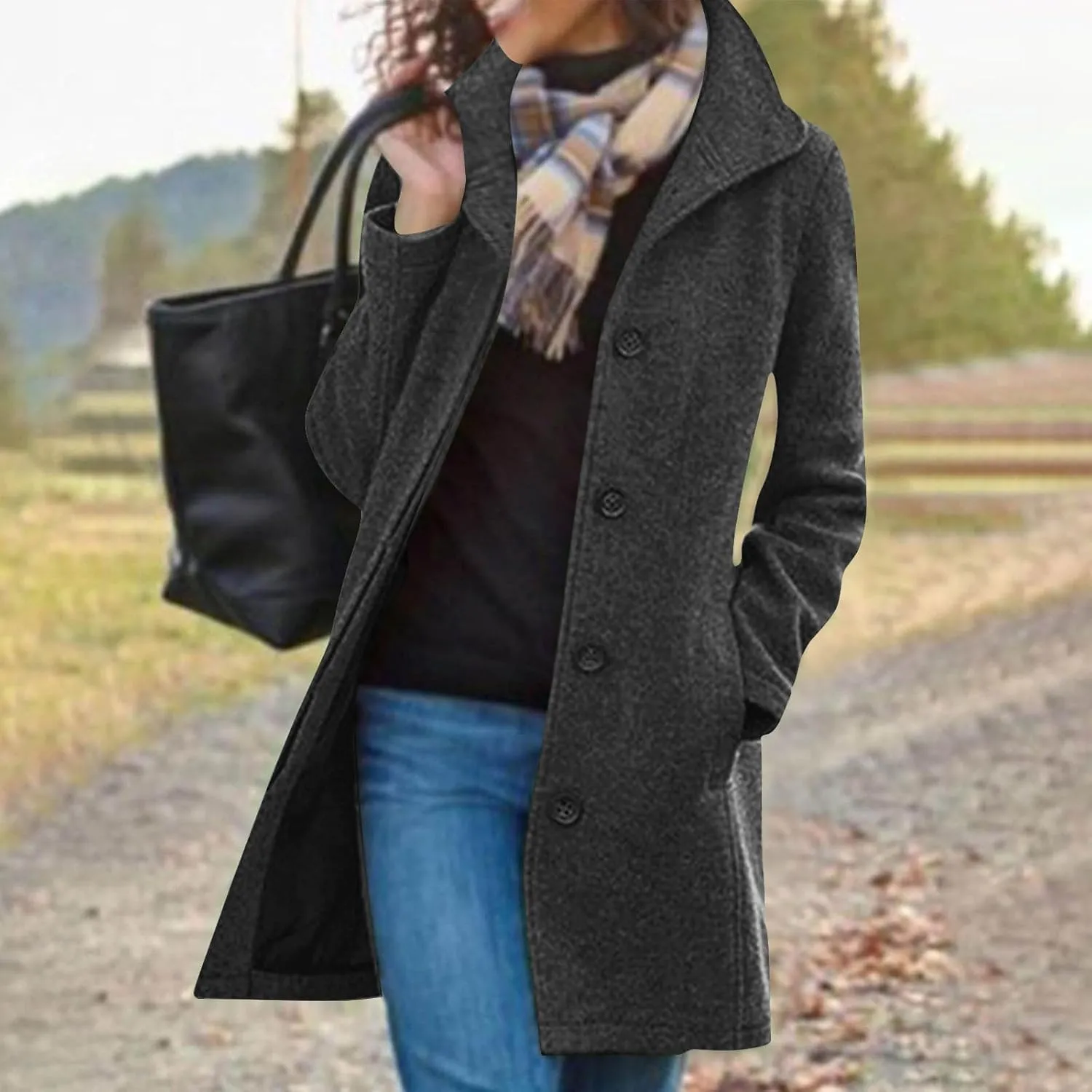 Womens Winter Wool Blend Coats Dressy Pea Coats Classic Lapel Wool Single Breasted Long Coat Dress Trench Coats
