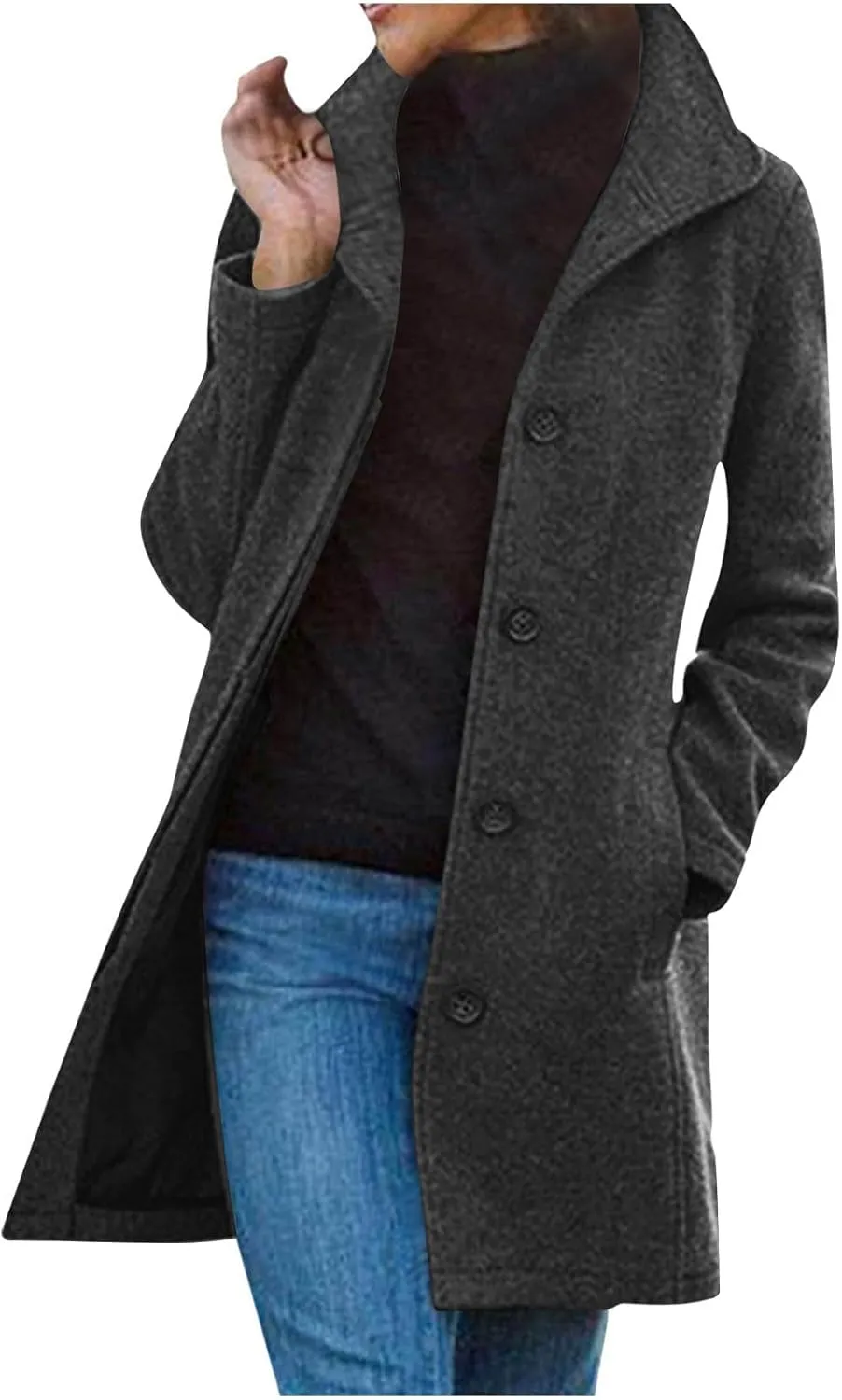 Womens Winter Wool Blend Coats Dressy Pea Coats Classic Lapel Wool Single Breasted Long Coat Dress Trench Coats