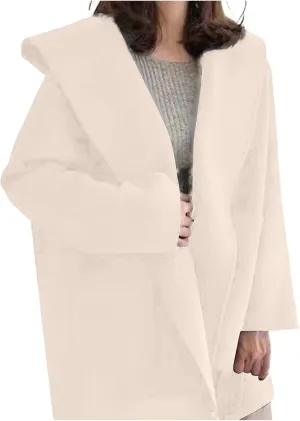 Womens Wool Blend Coats Warm Winter Coats Hooded Classic Casual Long Sleeve Open Front Cardigan Oversized Trench Coats