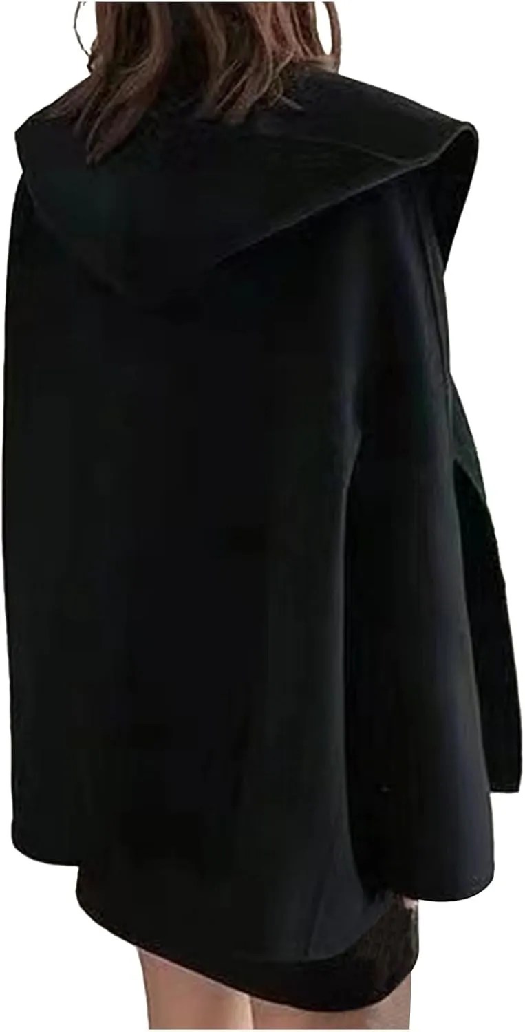 Womens Wool Blend Coats Warm Winter Coats Hooded Classic Casual Long Sleeve Open Front Cardigan Oversized Trench Coats