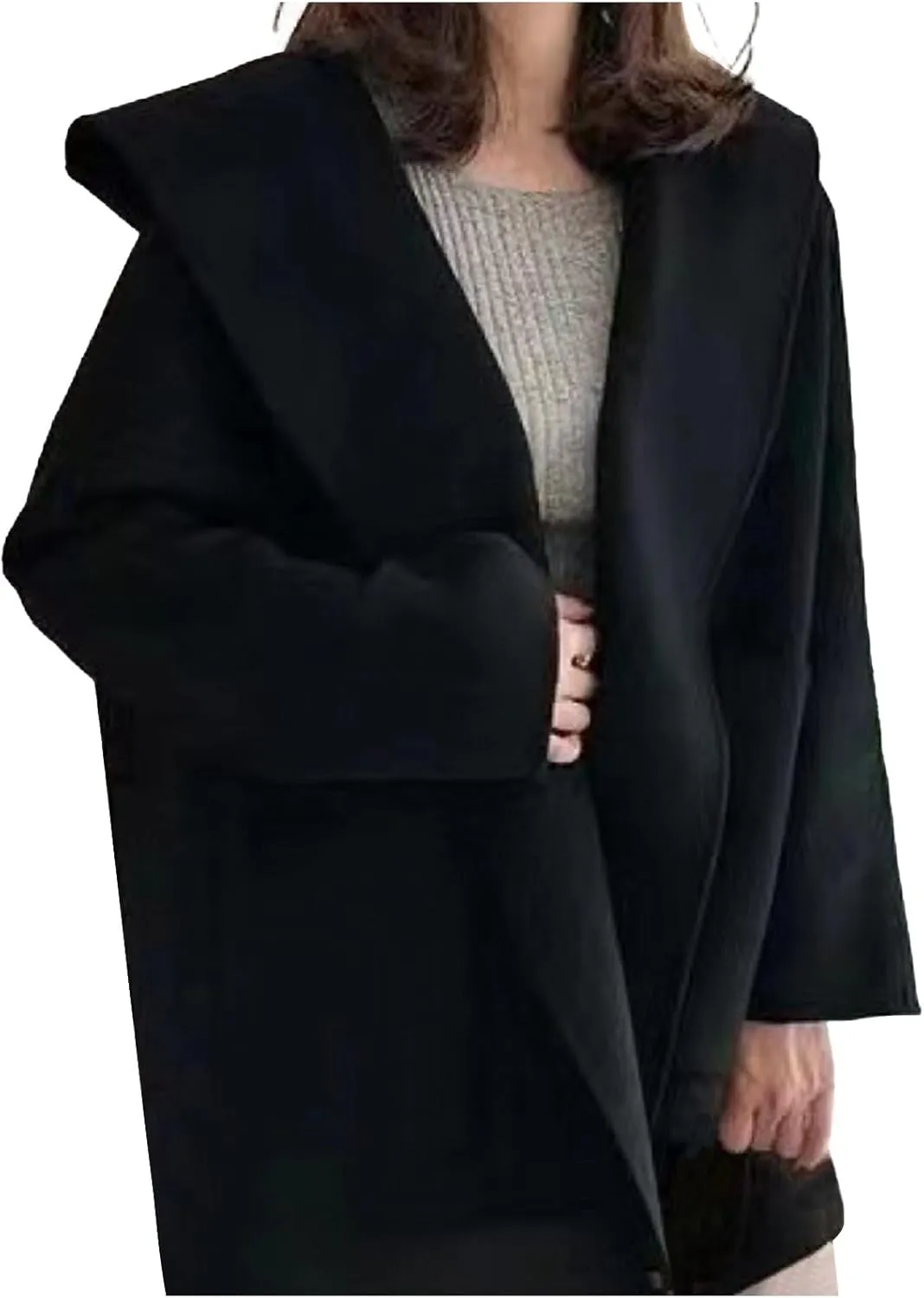 Womens Wool Blend Coats Warm Winter Coats Hooded Classic Casual Long Sleeve Open Front Cardigan Oversized Trench Coats