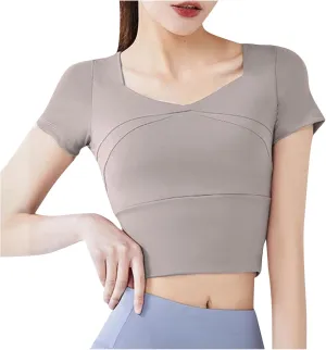 Womens Workout Tops with Built in Bra Summer Crop Short Sleeve Padded Yoga Shirts Quick Drying Fit Running Tshirts
