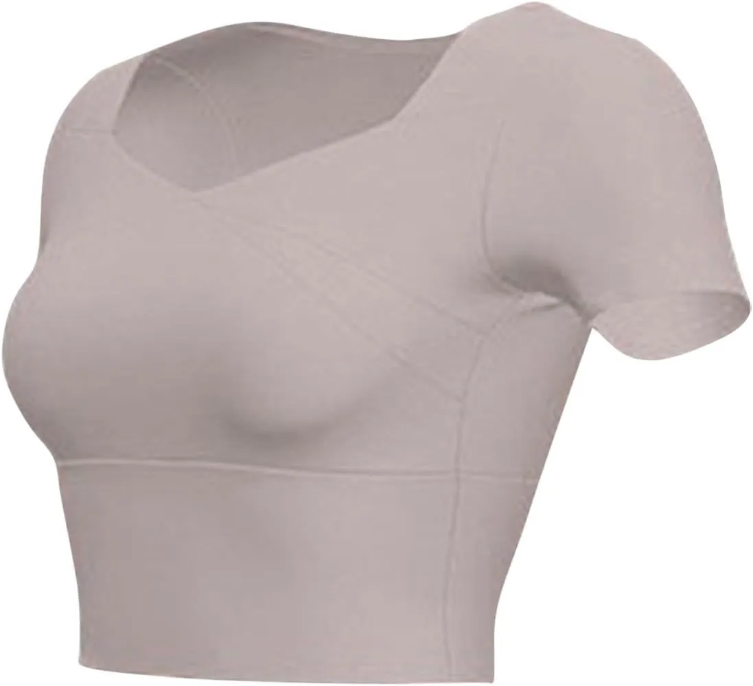 Womens Workout Tops with Built in Bra Summer Crop Short Sleeve Padded Yoga Shirts Quick Drying Fit Running Tshirts