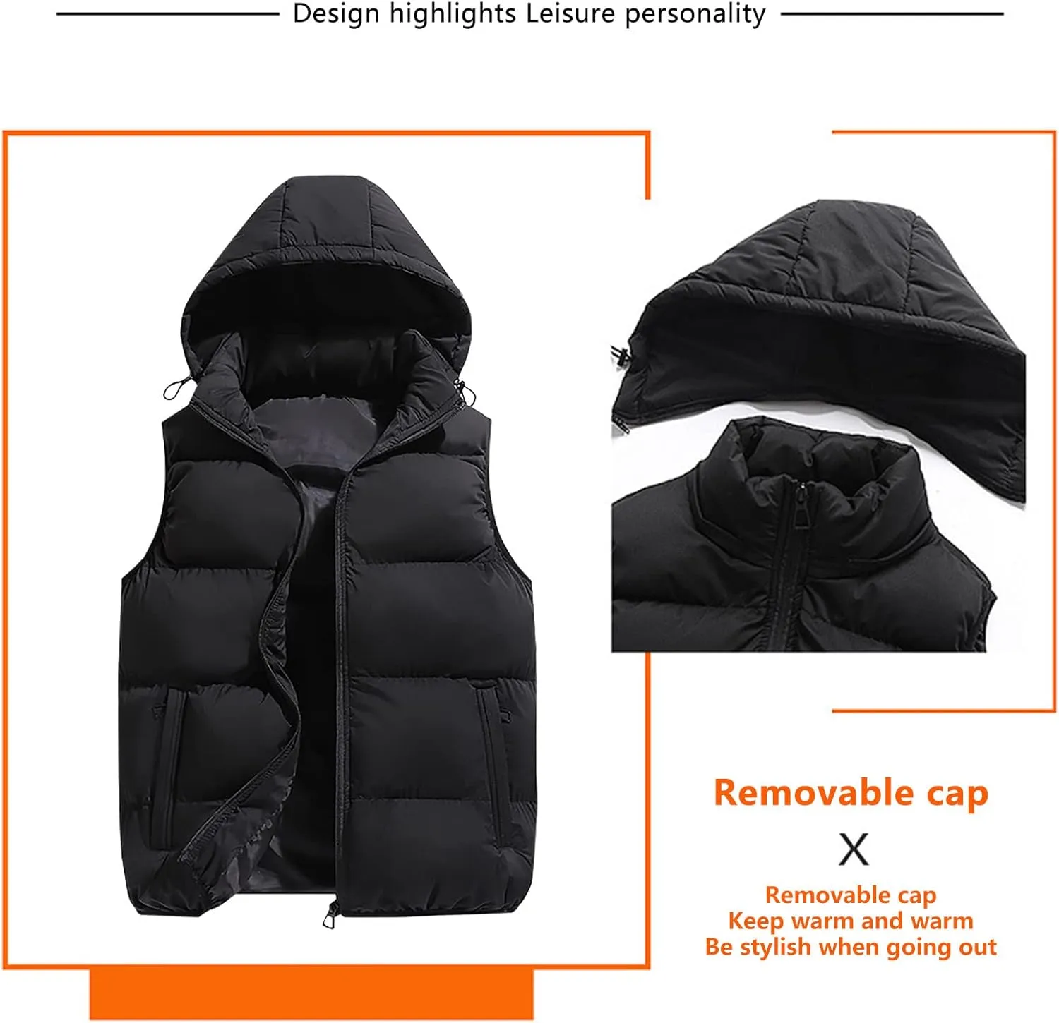 Ymosrh Mens Casual Winter Vest Lightweight Water Resistant Quilted Hooded Puffer Vest Jacket Fall Coat with Hood, S-2XL
