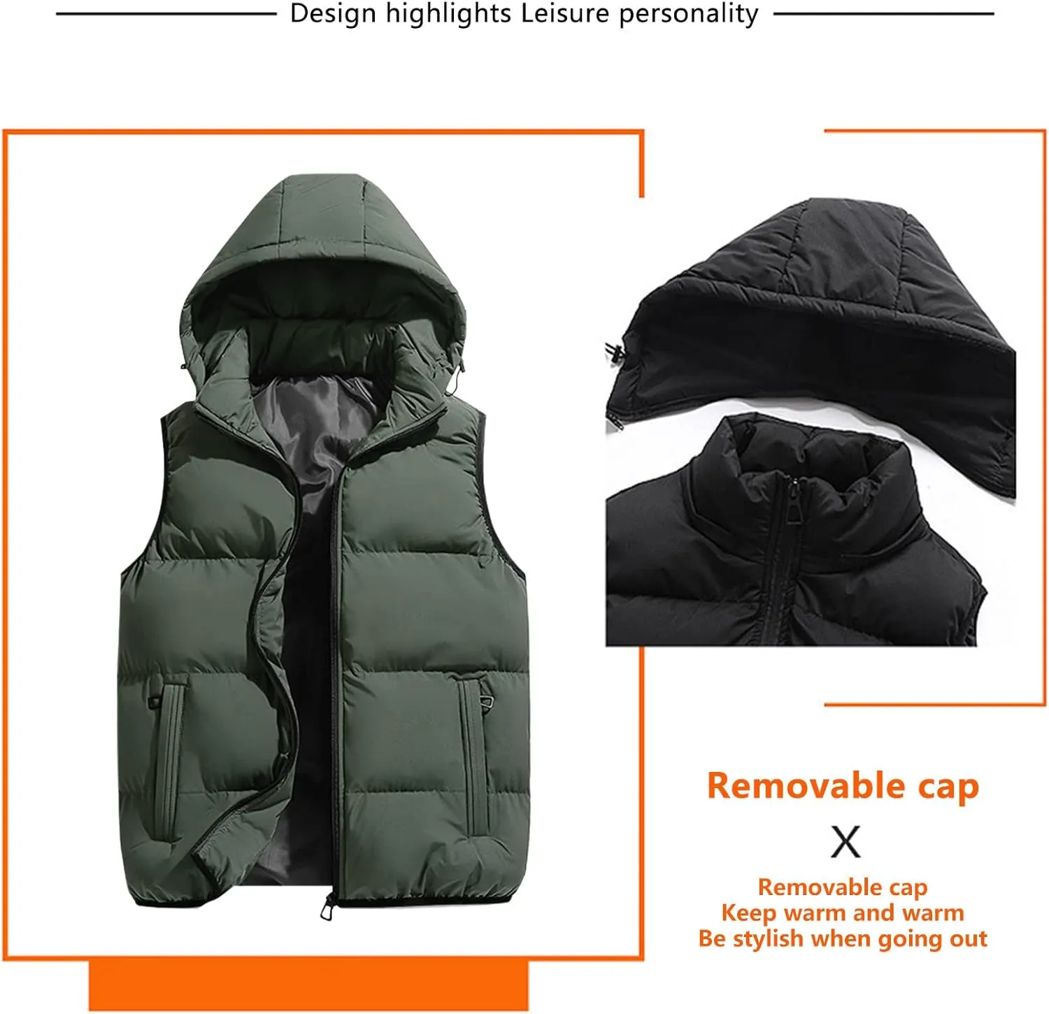 Ymosrh Mens Casual Winter Vest Lightweight Water Resistant Quilted Hooded Puffer Vest Jacket Fall Coat with Hood, S-2XL
