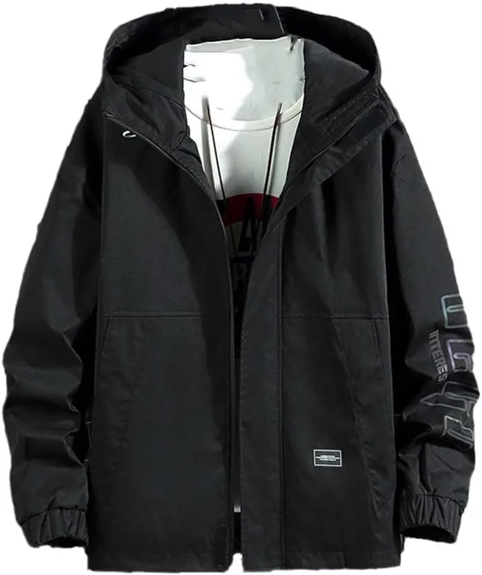 Youllyuu Men's Bomber Jacket Hooded Jacket Coats Streetwear Black Cargo Jacket Printed Windbreaker