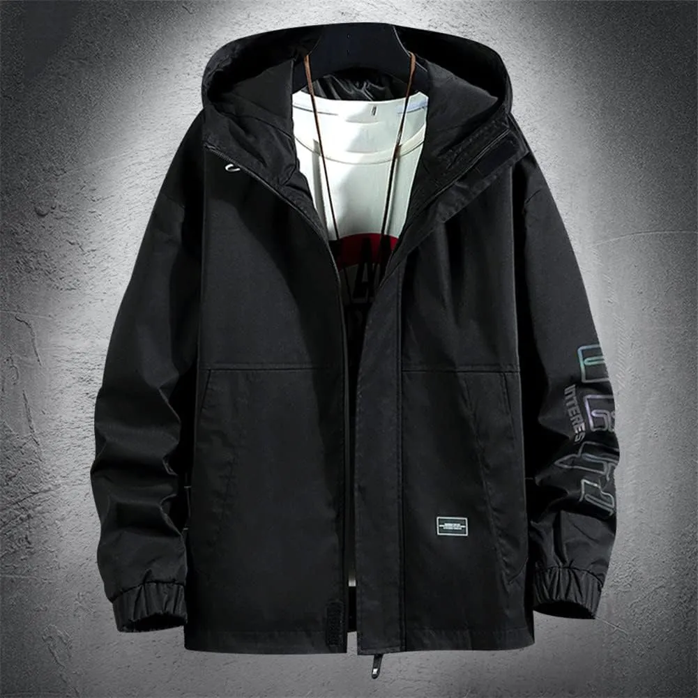 Youllyuu Men's Bomber Jacket Hooded Jacket Coats Streetwear Black Cargo Jacket Printed Windbreaker