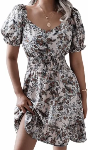 YOXUA Women's Floral Print Puff Short Sleeve Sweetheart Neckline Elastic Waist Boho Summer Mini Dresses