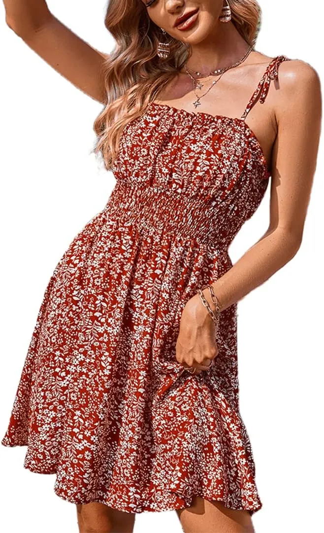 YOXUA Women's Spaghetti Strap Sleeveless Tie Shoulder Dress, Scoop Neck Ruched Bust Cami Floral Printed Mini Summer Dresses