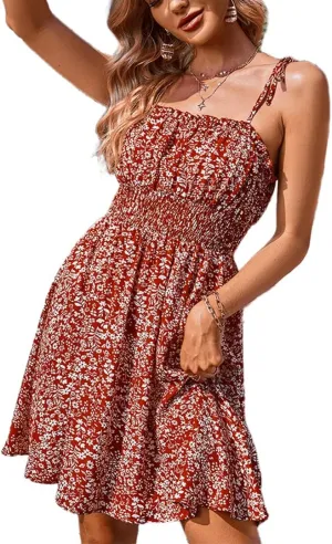 YOXUA Women's Spaghetti Strap Sleeveless Tie Shoulder Dress, Scoop Neck Ruched Bust Cami Floral Printed Mini Summer Dresses