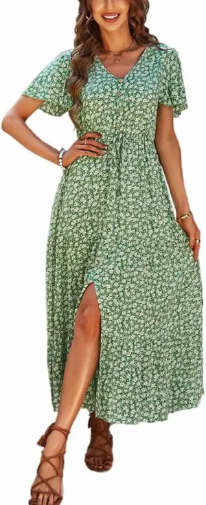 YOXUA Women's Summer Short Sleeve V Neck Tie Waist Floral Print Casual Slit Boho A Line Midi Dresses