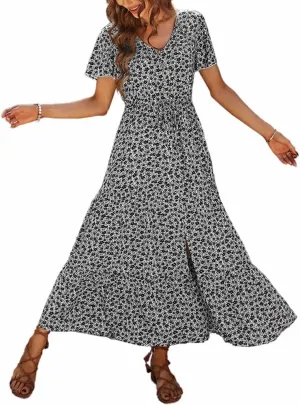 YOXUA Women's Summer Short Sleeve V Neck Tie Waist Floral Print Casual Slit Boho A Line Midi Dresses