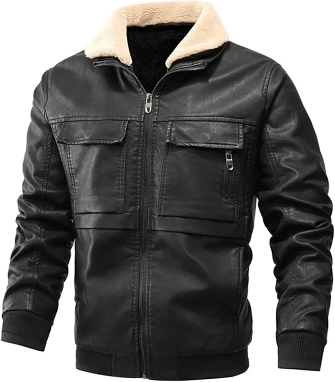 ZYXTIM Men's Classic Fit PU Faux Fur Leather Jackets Winter Sherpa Fleece Lined Aviator Bomber Jacket Windbreaker Outwear