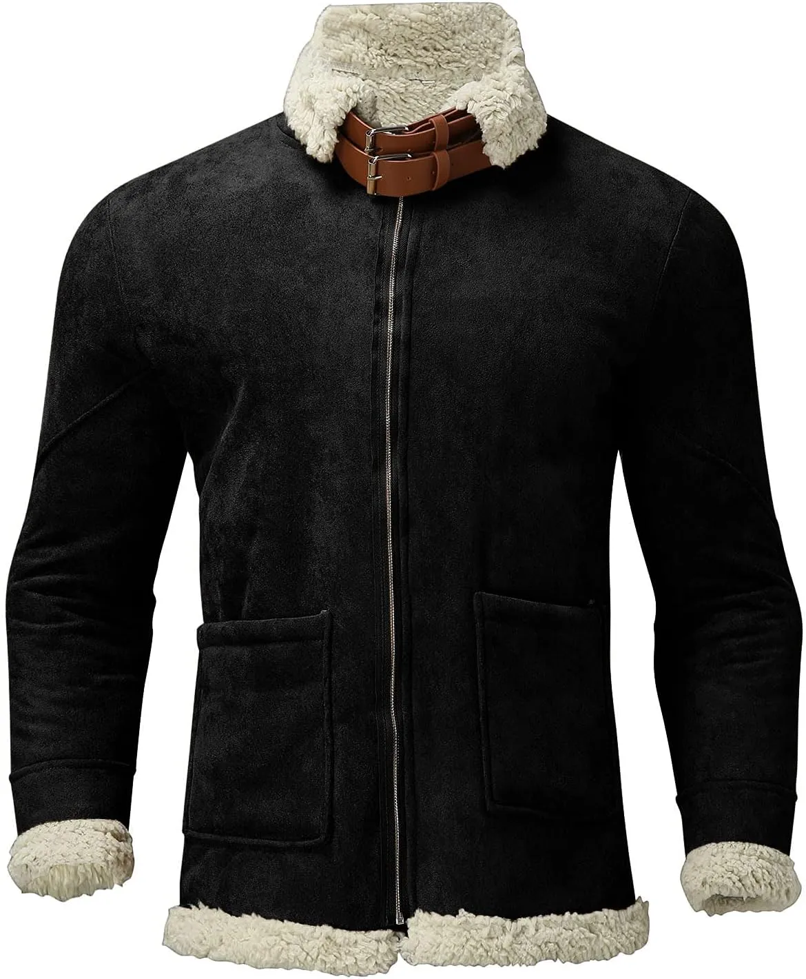 ZYXTIM Men's Winter Sherpa Lined Fleece Woolen Jackets Coat Zip Up Fur Lapel Collar Warm Outdoor Aviator Bomber Jacket
