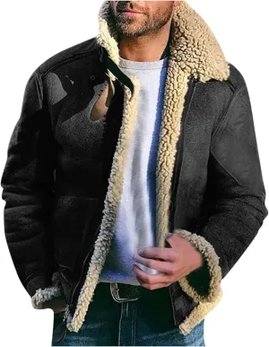 ZYXTIM Men's Winter Sherpa Lined Fleece Woolen Jackets Coat Zip Up Fur Lapel Collar Warm Outdoor Aviator Bomber Jacket