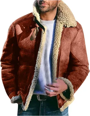 ZYXTIM Warm Winter Jacket for Men Fur Collar Suede Bomber Jackets Heavyweight Fleece Sherpa Lined Zipper Trucker Jacket